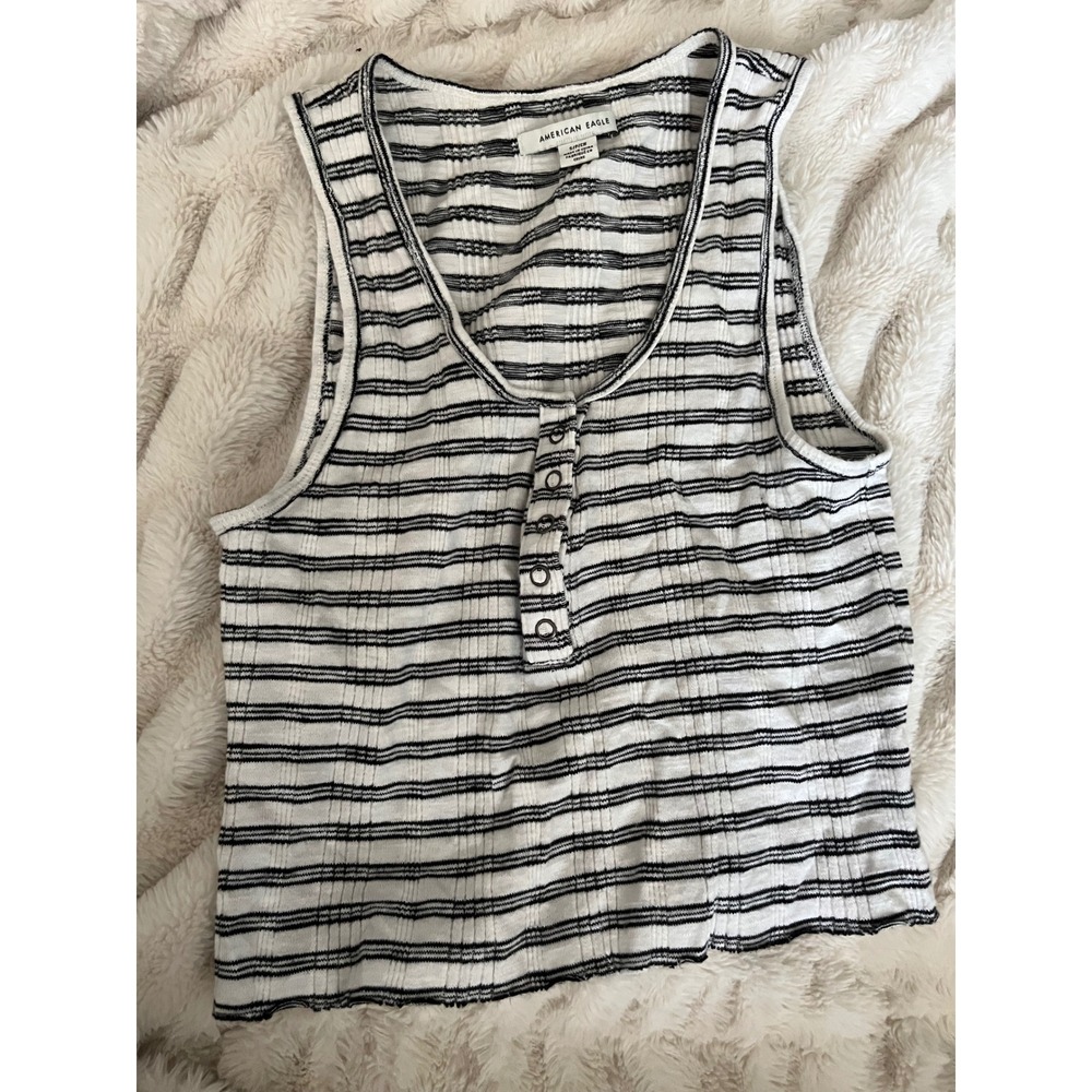 American Eagle Striped Henley Tank Top Black White Ribbed Sleeveless Small
